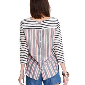 Comme Toi T-Shirt Striped Button/Open Back Tee Red Blue Long Sleeve Top Small